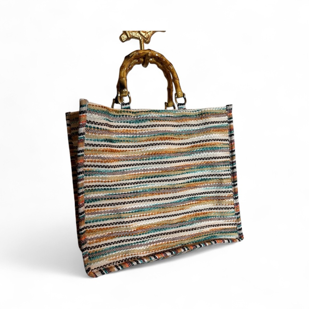 Leopard Print Beaded Tote Bag with Bamboo Handles with Crossbody Strap - Picture 2 of 3